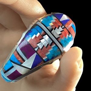 Sterling Silver Cuff Inlayed Turquoise, Coral, Lapis Lazuli Bracelet